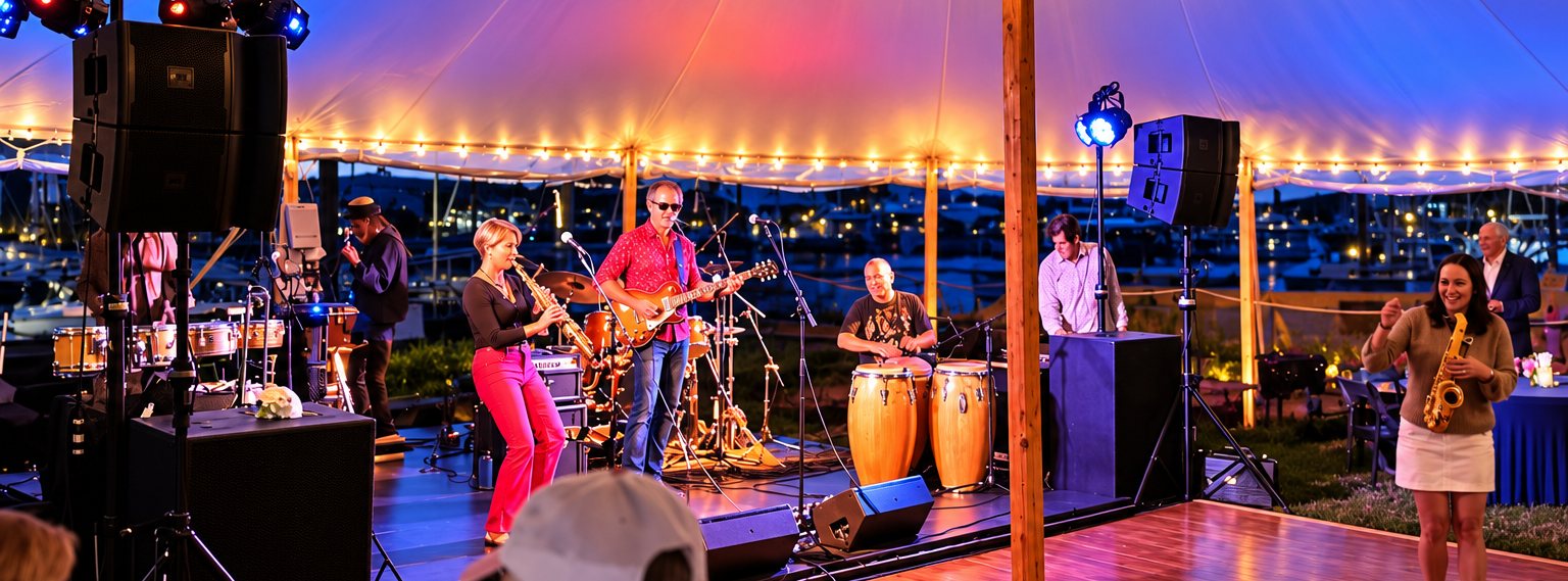A band plays under a lit sailcloth tent beside a harbor at dusk: saxophone, guitar and congas on stage, string lights overhead, a dancer on the wood floor holding a sax.
