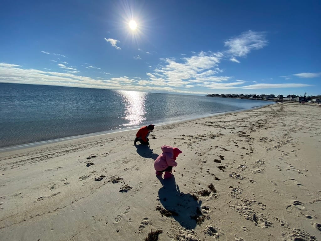 Two bundled-up kids digging in the sand on a bright winter day, the sun glittering on the bay and the beach houses along the shore.