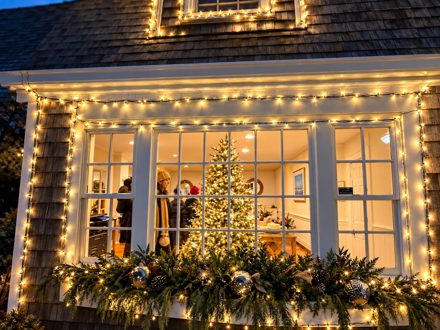 A shingled village shop at dusk, every window edged in white lights, a lit Christmas tree inside.