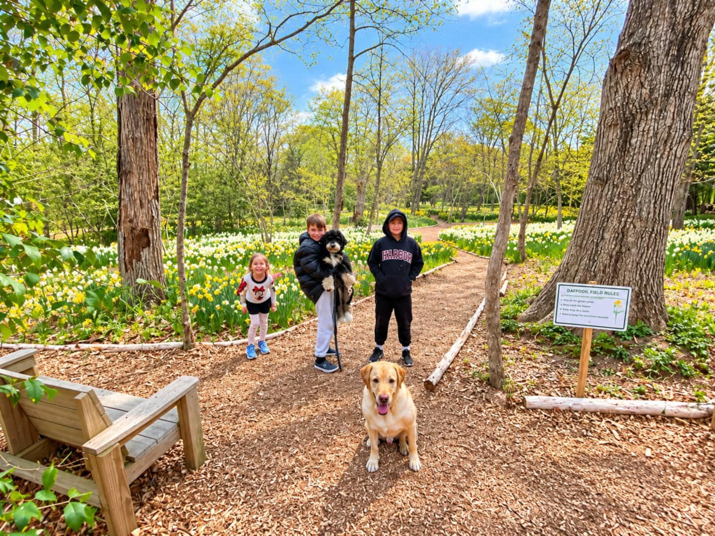 Two children, one holding a fluffy black-and-white puppy, and a golden Labrador sitting on a mulch path through a woodland field of daffodils.