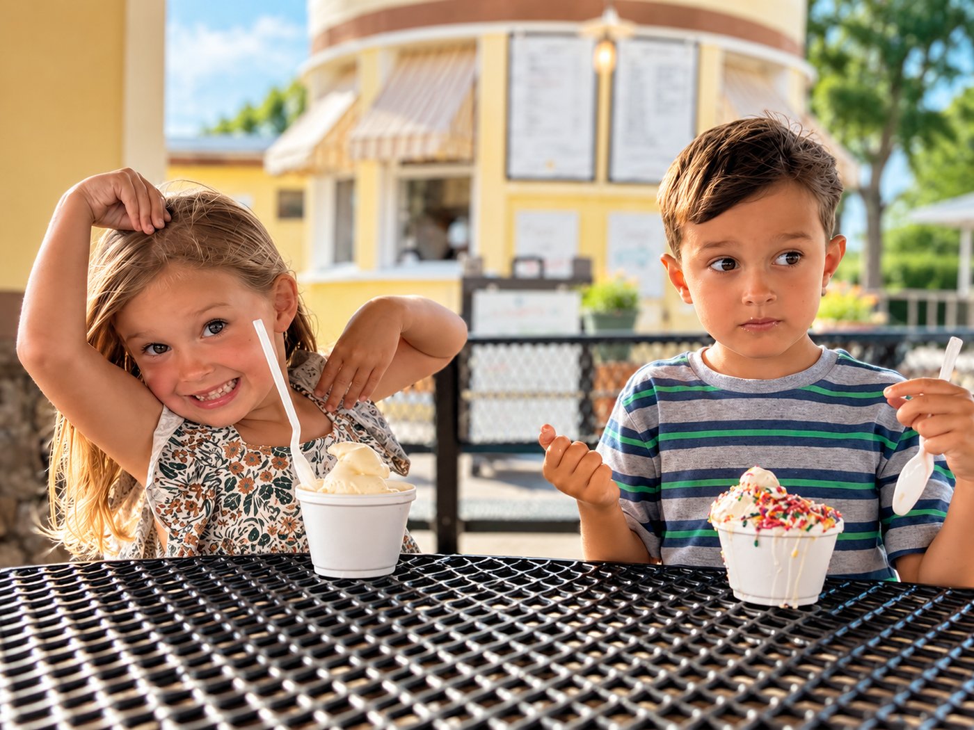 Two small children at a black metal picnic table with cups of ice cream, the girl scratching her head and the boy holding a spoon, with the yellow ice cream stand and its menu boards behind them.